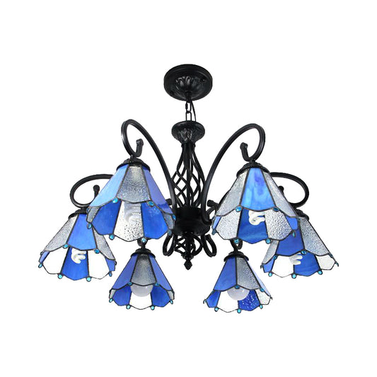 Glass Shade Conical Hanging Lighting Tiffany Style 6 Lights Pendant Lighting in Green/Blue for Foyer Clearhalo 'Ceiling Lights' 'Chandeliers' 'Industrial' 'Middle Century Chandeliers' 'Tiffany Chandeliers' 'Tiffany close to ceiling' 'Tiffany' Lighting' 175625