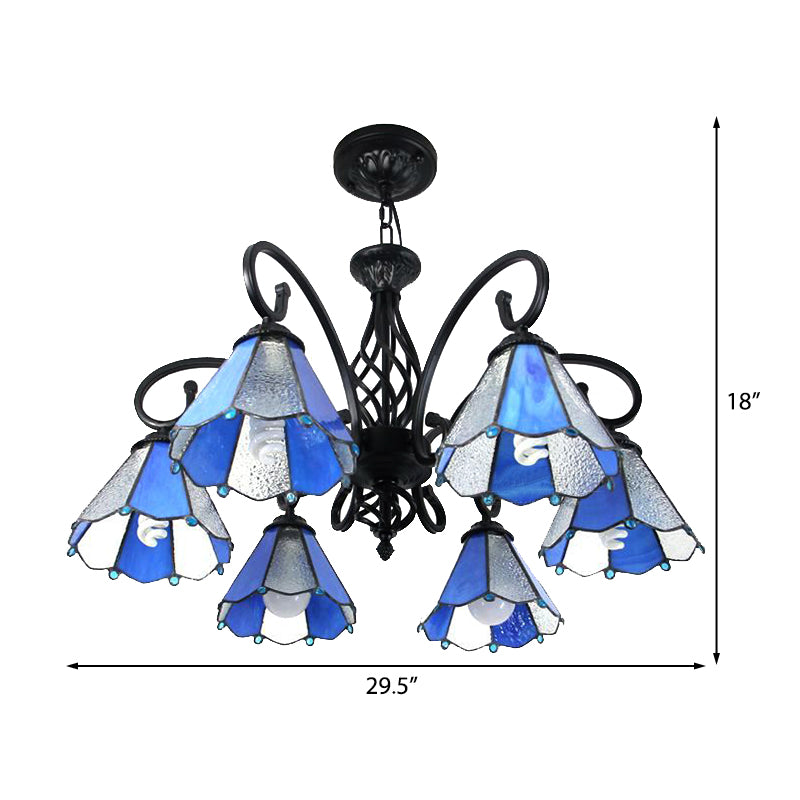Glass Shade Conical Hanging Lighting Tiffany Style 6 Lights Pendant Lighting in Green/Blue for Foyer Clearhalo 'Ceiling Lights' 'Chandeliers' 'Industrial' 'Middle Century Chandeliers' 'Tiffany Chandeliers' 'Tiffany close to ceiling' 'Tiffany' Lighting' 175626
