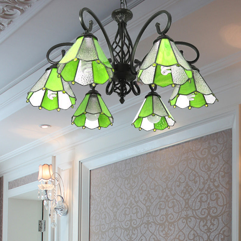 Glass Shade Conical Hanging Lighting Tiffany Style 6 Lights Pendant Lighting in Green/Blue for Foyer Green Clearhalo 'Ceiling Lights' 'Chandeliers' 'Industrial' 'Middle Century Chandeliers' 'Tiffany Chandeliers' 'Tiffany close to ceiling' 'Tiffany' Lighting' 175627