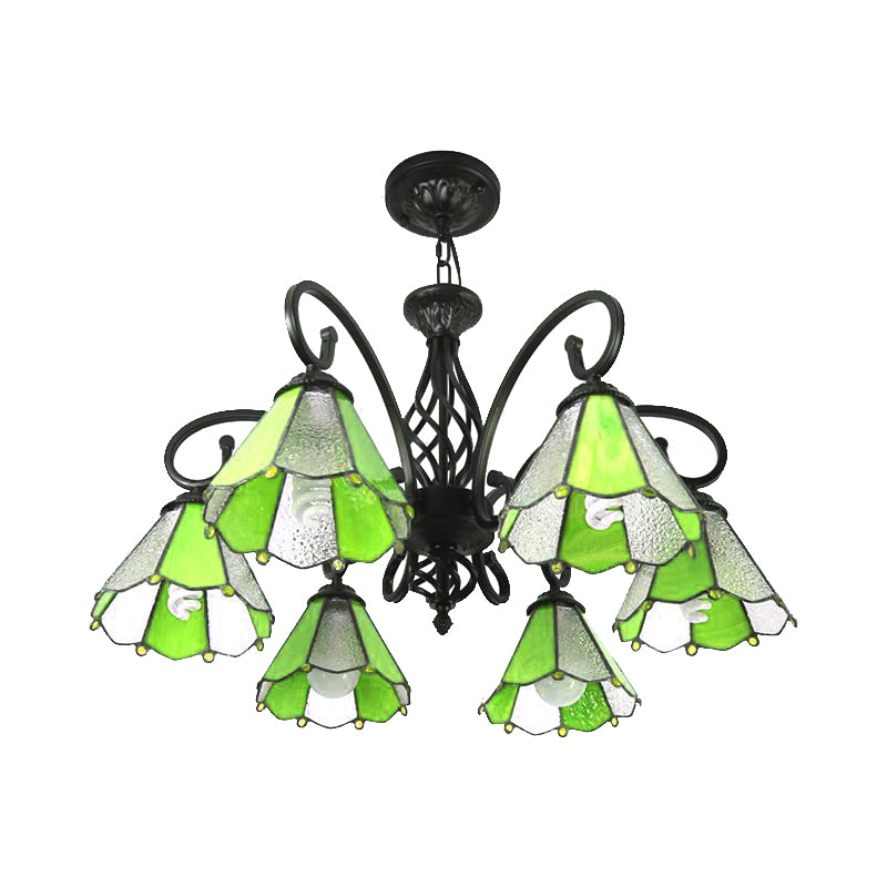 Glass Shade Conical Hanging Lighting Tiffany Style 6 Lights Pendant Lighting in Green/Blue for Foyer Clearhalo 'Ceiling Lights' 'Chandeliers' 'Industrial' 'Middle Century Chandeliers' 'Tiffany Chandeliers' 'Tiffany close to ceiling' 'Tiffany' Lighting' 175628
