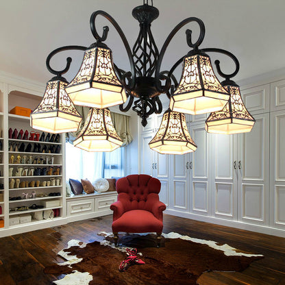 Bell Chandelier Lighting with Fence Design Lodge Style Multi Light Indoor Lighting for Living Room Beige Clearhalo 'Ceiling Lights' 'Chandeliers' 'Industrial' 'Middle Century Chandeliers' 'Tiffany Chandeliers' 'Tiffany close to ceiling' 'Tiffany' Lighting' 175629