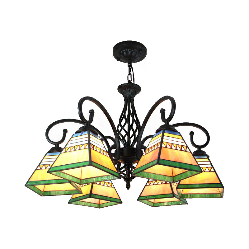Pyramid Pendant Lighting 6 Lights Mission Style Stained Glass Suspension Light for Living Room Clearhalo 'Ceiling Lights' 'Chandeliers' 'Industrial' 'Middle Century Chandeliers' 'Tiffany Chandeliers' 'Tiffany close to ceiling' 'Tiffany' Lighting' 175635