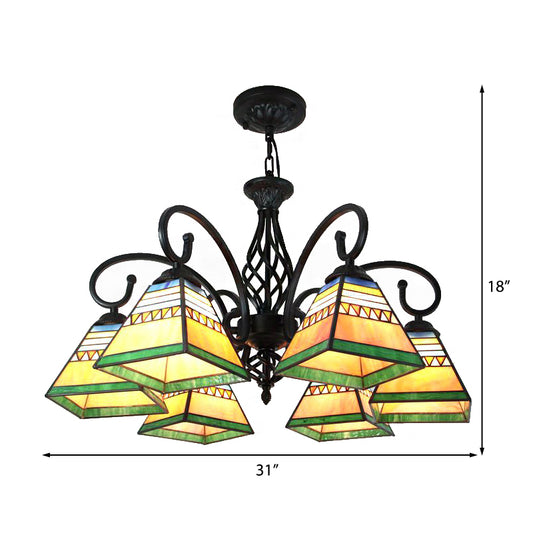 Pyramid Pendant Lighting 6 Lights Mission Style Stained Glass Suspension Light for Living Room Clearhalo 'Ceiling Lights' 'Chandeliers' 'Industrial' 'Middle Century Chandeliers' 'Tiffany Chandeliers' 'Tiffany close to ceiling' 'Tiffany' Lighting' 175636