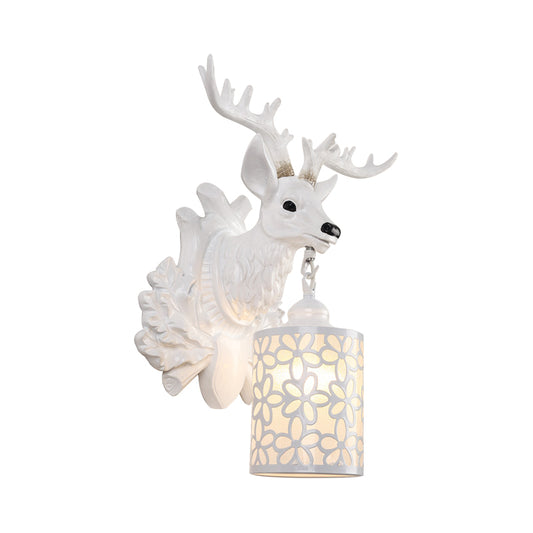 Brown/White 1 Head Wall Lamp Kit Rustic Resin Sika Deer Sconce Lighting with Flower Patterned Cylindrical Glass Shade Clearhalo 'Wall Lamps & Sconces' 'Wall Lights' Lighting' 1756371