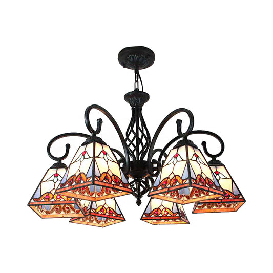 Stained Glass Pyramid Chandelier 6 Lights Traditional Hanging Ceiling Light for Foyer Clearhalo 'Ceiling Lights' 'Chandeliers' 'Industrial' 'Middle Century Chandeliers' 'Tiffany Chandeliers' 'Tiffany close to ceiling' 'Tiffany' Lighting' 175639