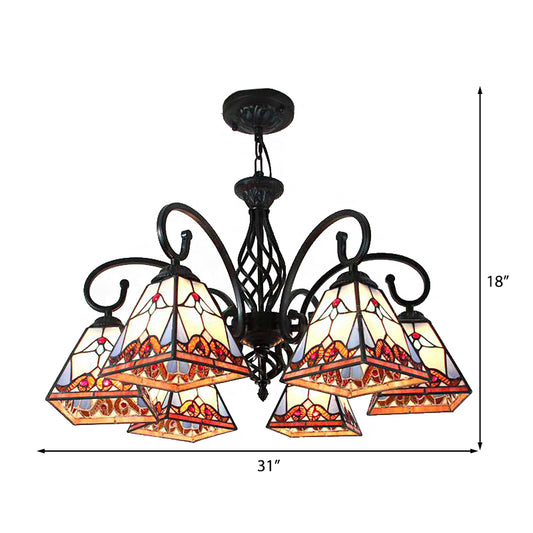 Stained Glass Pyramid Chandelier 6 Lights Traditional Hanging Ceiling Light for Foyer Clearhalo 'Ceiling Lights' 'Chandeliers' 'Industrial' 'Middle Century Chandeliers' 'Tiffany Chandeliers' 'Tiffany close to ceiling' 'Tiffany' Lighting' 175640