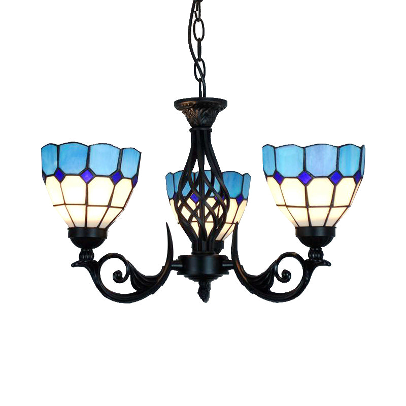 3 Lights Bowl Pendant Light with Grid Pattern and Metal Chain Blue Glass Chandelier Lamp for Bedroom Clearhalo 'Ceiling Lights' 'Chandeliers' 'Industrial' 'Middle Century Chandeliers' 'Tiffany Chandeliers' 'Tiffany close to ceiling' 'Tiffany' Lighting' 175647