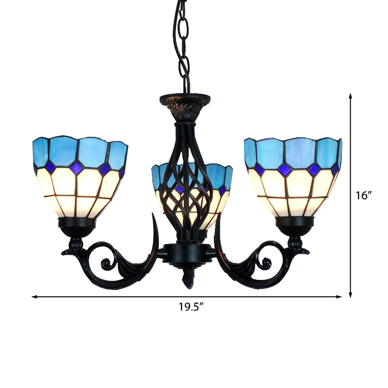 3 Lights Bowl Pendant Light with Grid Pattern and Metal Chain Blue Glass Chandelier Lamp for Bedroom Clearhalo 'Ceiling Lights' 'Chandeliers' 'Industrial' 'Middle Century Chandeliers' 'Tiffany Chandeliers' 'Tiffany close to ceiling' 'Tiffany' Lighting' 175648