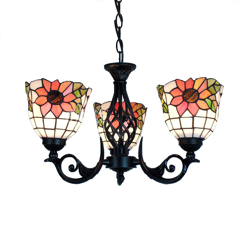 Sunflower Ceiling Chandelier Lodge Rustic 3 Lights Stained Glass Pendant Lighting in Black Finish Clearhalo 'Ceiling Lights' 'Chandeliers' 'Industrial' 'Middle Century Chandeliers' 'Tiffany Chandeliers' 'Tiffany close to ceiling' 'Tiffany' Lighting' 175651