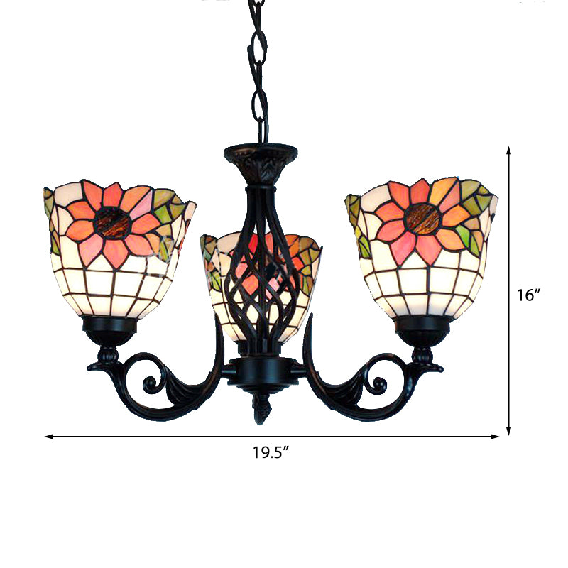 Sunflower Ceiling Chandelier Lodge Rustic 3 Lights Stained Glass Pendant Lighting in Black Finish Clearhalo 'Ceiling Lights' 'Chandeliers' 'Industrial' 'Middle Century Chandeliers' 'Tiffany Chandeliers' 'Tiffany close to ceiling' 'Tiffany' Lighting' 175652