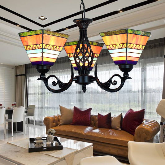Tiffany Upward Chandelier Light with Pyramid Shade Stained Glass Mission Hanging Light in Orange Clearhalo 'Ceiling Lights' 'Chandeliers' 'Industrial' 'Middle Century Chandeliers' 'Tiffany Chandeliers' 'Tiffany close to ceiling' 'Tiffany' Lighting' 175654