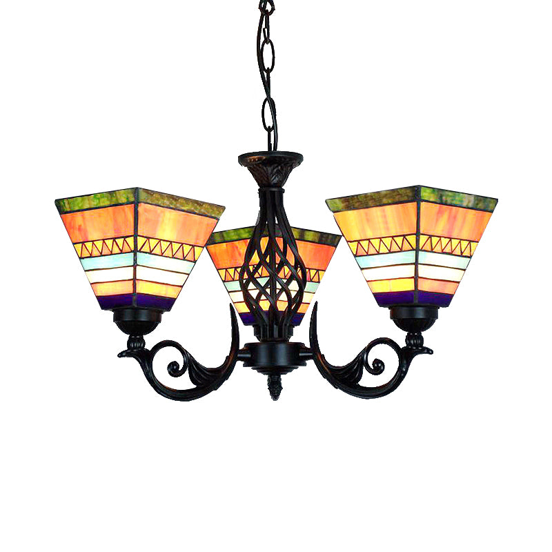 Tiffany Upward Chandelier Light with Pyramid Shade Stained Glass Mission Hanging Light in Orange Clearhalo 'Ceiling Lights' 'Chandeliers' 'Industrial' 'Middle Century Chandeliers' 'Tiffany Chandeliers' 'Tiffany close to ceiling' 'Tiffany' Lighting' 175655