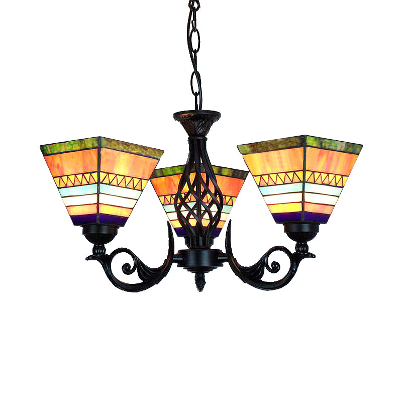 Tiffany Upward Chandelier Light with Pyramid Shade Stained Glass Mission Hanging Light in Orange Clearhalo 'Ceiling Lights' 'Chandeliers' 'Industrial' 'Middle Century Chandeliers' 'Tiffany Chandeliers' 'Tiffany close to ceiling' 'Tiffany' Lighting' 175655