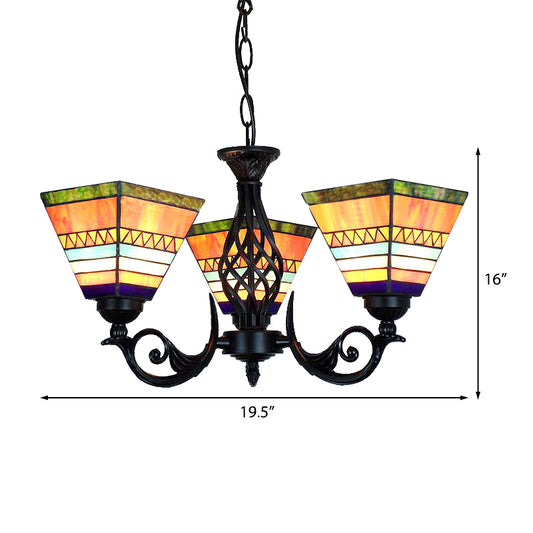 Tiffany Upward Chandelier Light with Pyramid Shade Stained Glass Mission Hanging Light in Orange Clearhalo 'Ceiling Lights' 'Chandeliers' 'Industrial' 'Middle Century Chandeliers' 'Tiffany Chandeliers' 'Tiffany close to ceiling' 'Tiffany' Lighting' 175656