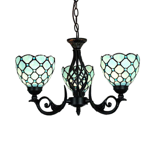 Blue Glass Bowl Hanging Chandelier with Bead Traditional 3 Lights Indoor Lighting for Foyer Clearhalo 'Ceiling Lights' 'Chandeliers' 'Industrial' 'Middle Century Chandeliers' 'Tiffany Chandeliers' 'Tiffany close to ceiling' 'Tiffany' Lighting' 175659