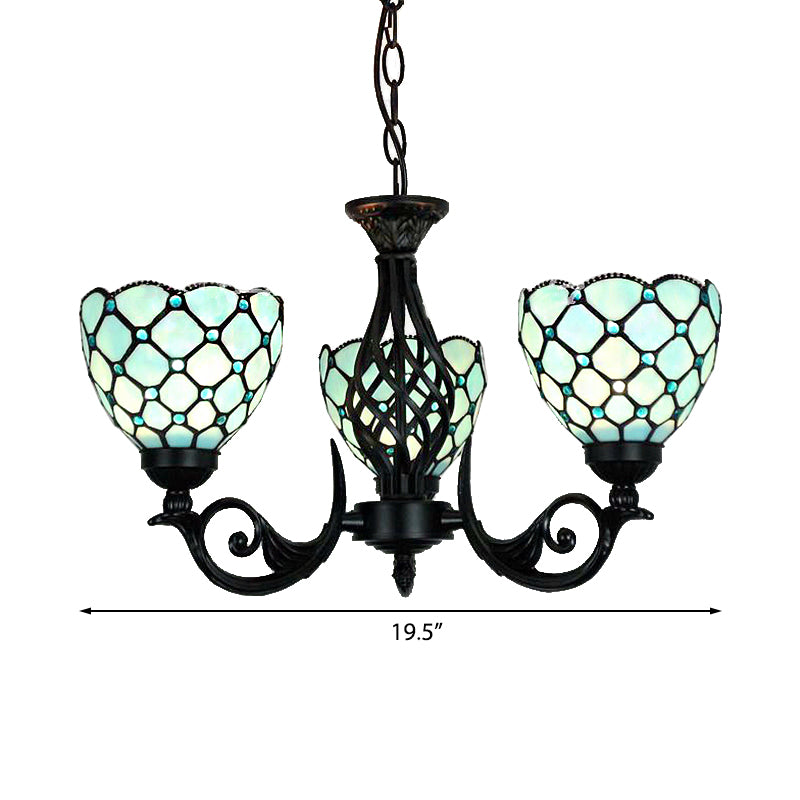 Blue Glass Bowl Hanging Chandelier with Bead Traditional 3 Lights Indoor Lighting for Foyer Clearhalo 'Ceiling Lights' 'Chandeliers' 'Industrial' 'Middle Century Chandeliers' 'Tiffany Chandeliers' 'Tiffany close to ceiling' 'Tiffany' Lighting' 175660