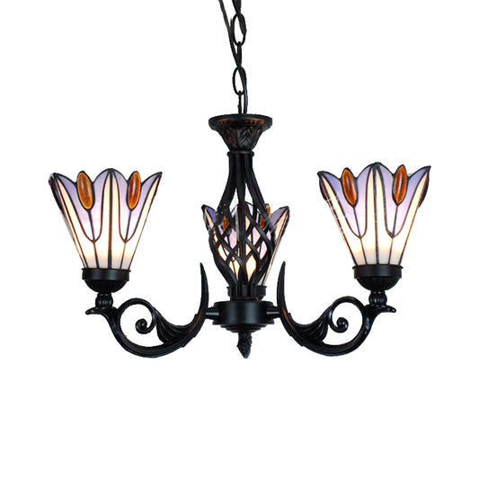 Floral Hanging Light with Metal Chain Stained Glass Tiffany Pendant Lighting in Black Finish for Stairway Clearhalo 'Ceiling Lights' 'Chandeliers' 'Industrial' 'Middle Century Chandeliers' 'Tiffany Chandeliers' 'Tiffany close to ceiling' 'Tiffany' Lighting' 175663