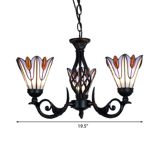Floral Hanging Light with Metal Chain Stained Glass Tiffany Pendant Lighting in Black Finish for Stairway Clearhalo 'Ceiling Lights' 'Chandeliers' 'Industrial' 'Middle Century Chandeliers' 'Tiffany Chandeliers' 'Tiffany close to ceiling' 'Tiffany' Lighting' 175664