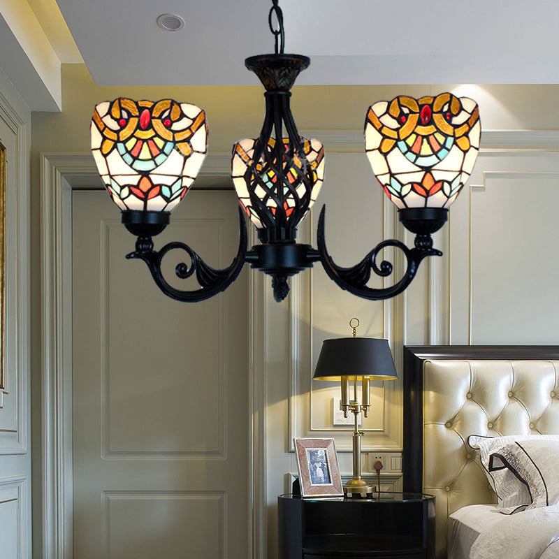 3 Lights Bowl Chandelier Lighting Stained Glass Baroque Hanging Light in Black for Living Room Black Clearhalo 'Ceiling Lights' 'Chandeliers' 'Industrial' 'Middle Century Chandeliers' 'Tiffany Chandeliers' 'Tiffany close to ceiling' 'Tiffany' Lighting' 175665