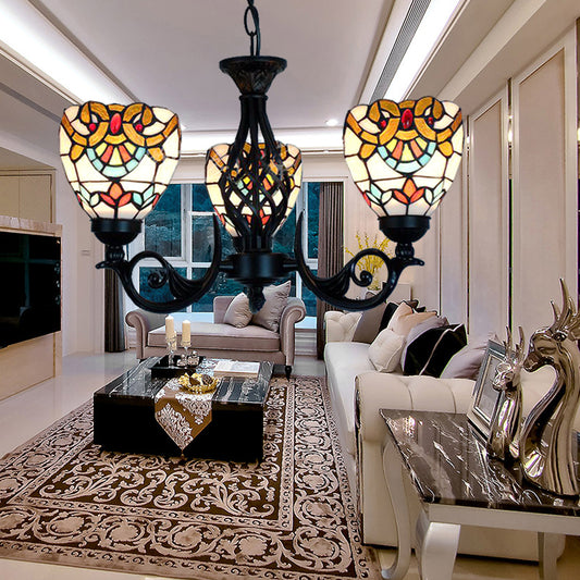 3 Lights Bowl Chandelier Lighting Stained Glass Baroque Hanging Light in Black for Living Room Clearhalo 'Ceiling Lights' 'Chandeliers' 'Industrial' 'Middle Century Chandeliers' 'Tiffany Chandeliers' 'Tiffany close to ceiling' 'Tiffany' Lighting' 175666