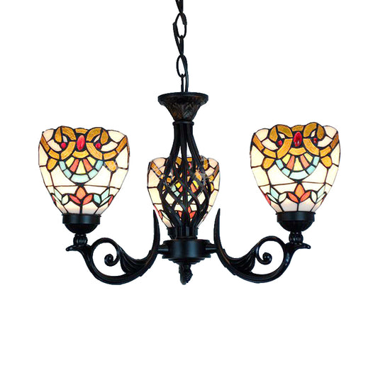 3 Lights Bowl Chandelier Lighting Stained Glass Baroque Hanging Light in Black for Living Room Clearhalo 'Ceiling Lights' 'Chandeliers' 'Industrial' 'Middle Century Chandeliers' 'Tiffany Chandeliers' 'Tiffany close to ceiling' 'Tiffany' Lighting' 175667