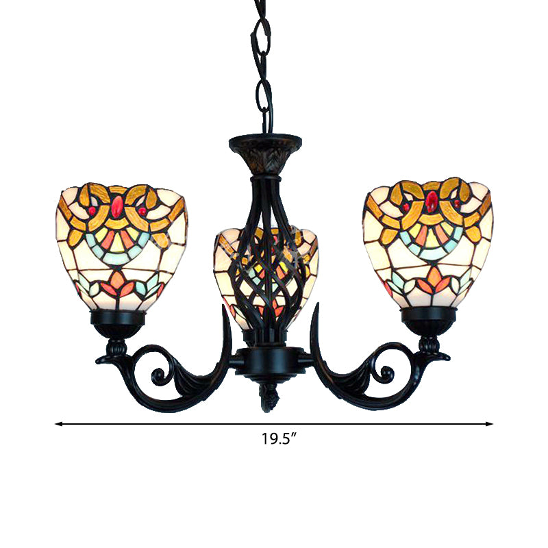 3 Lights Bowl Chandelier Lighting Stained Glass Baroque Hanging Light in Black for Living Room Clearhalo 'Ceiling Lights' 'Chandeliers' 'Industrial' 'Middle Century Chandeliers' 'Tiffany Chandeliers' 'Tiffany close to ceiling' 'Tiffany' Lighting' 175668