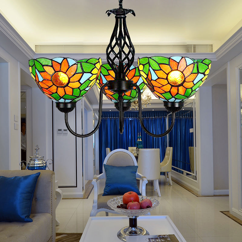 Sunflower Chandelier with Bowl Shade and Curved Arm Lodge Stained Glass Pendant Light in Green Green Clearhalo 'Ceiling Lights' 'Chandeliers' 'Industrial' 'Middle Century Chandeliers' 'Tiffany Chandeliers' 'Tiffany close to ceiling' 'Tiffany' Lighting' 175669