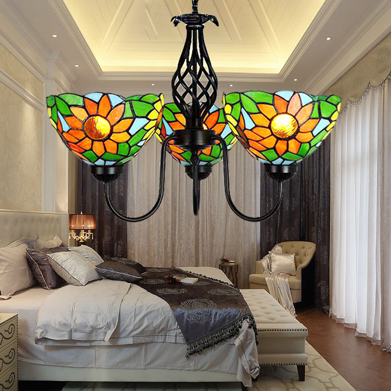 Sunflower Chandelier with Bowl Shade and Curved Arm Lodge Stained Glass Pendant Light in Green Clearhalo 'Ceiling Lights' 'Chandeliers' 'Industrial' 'Middle Century Chandeliers' 'Tiffany Chandeliers' 'Tiffany close to ceiling' 'Tiffany' Lighting' 175670