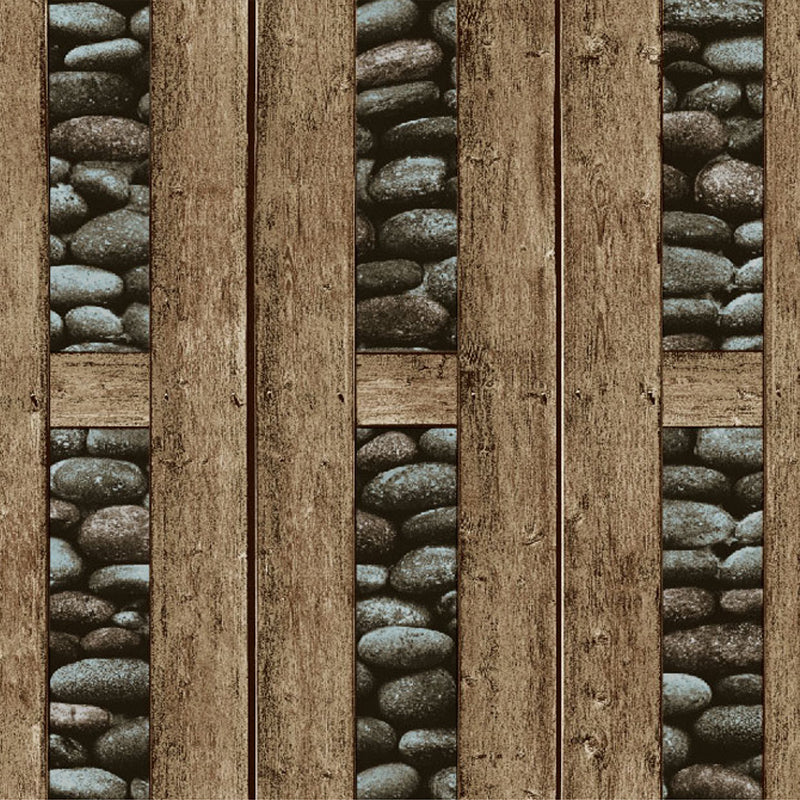 Pebble and Wood Frame Wallpaper Roll Dark Color Rustic Wall Decor for Guest Room Clearhalo 'Country wall decor' 'Rustic' 'Wallpaper' Wall Decor' 1756701