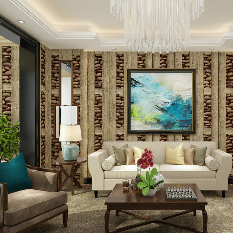 Pebble and Wood Frame Wallpaper Roll Dark Color Rustic Wall Decor for Guest Room Clearhalo 'Country wall decor' 'Rustic' 'Wallpaper' Wall Decor' 1756704