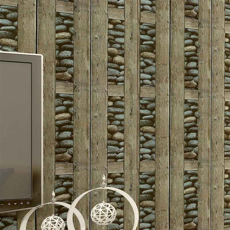 Pebble and Wood Frame Wallpaper Roll Dark Color Rustic Wall Decor for Guest Room Clearhalo 'Country wall decor' 'Rustic' 'Wallpaper' Wall Decor' 1756707