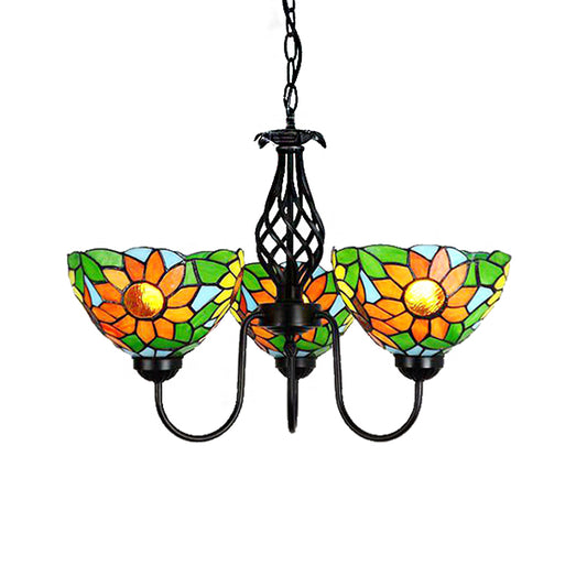 Sunflower Chandelier with Bowl Shade and Curved Arm Lodge Stained Glass Pendant Light in Green Clearhalo 'Ceiling Lights' 'Chandeliers' 'Industrial' 'Middle Century Chandeliers' 'Tiffany Chandeliers' 'Tiffany close to ceiling' 'Tiffany' Lighting' 175671