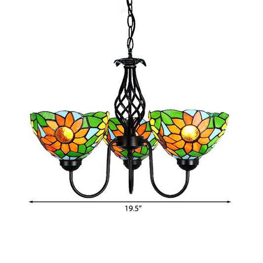 Sunflower Chandelier with Bowl Shade and Curved Arm Lodge Stained Glass Pendant Light in Green Clearhalo 'Ceiling Lights' 'Chandeliers' 'Industrial' 'Middle Century Chandeliers' 'Tiffany Chandeliers' 'Tiffany close to ceiling' 'Tiffany' Lighting' 175672