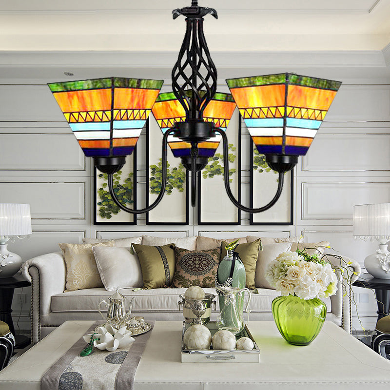 3 Lights Pyramid Hanging Light with Gooseneck Mission Stained Glass Ceiling Chandelier in Orange Orange Clearhalo 'Ceiling Lights' 'Chandeliers' 'Industrial' 'Middle Century Chandeliers' 'Tiffany Chandeliers' 'Tiffany close to ceiling' 'Tiffany' Lighting' 175673