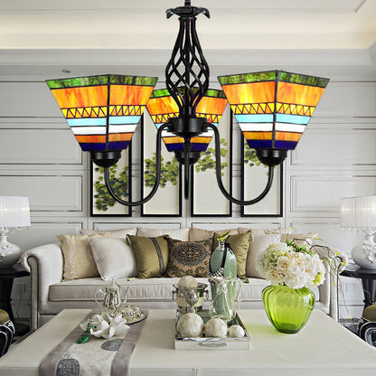 3 Lights Pyramid Hanging Light with Gooseneck Mission Stained Glass Ceiling Chandelier in Orange Orange Clearhalo 'Ceiling Lights' 'Chandeliers' 'Industrial' 'Middle Century Chandeliers' 'Tiffany Chandeliers' 'Tiffany close to ceiling' 'Tiffany' Lighting' 175673