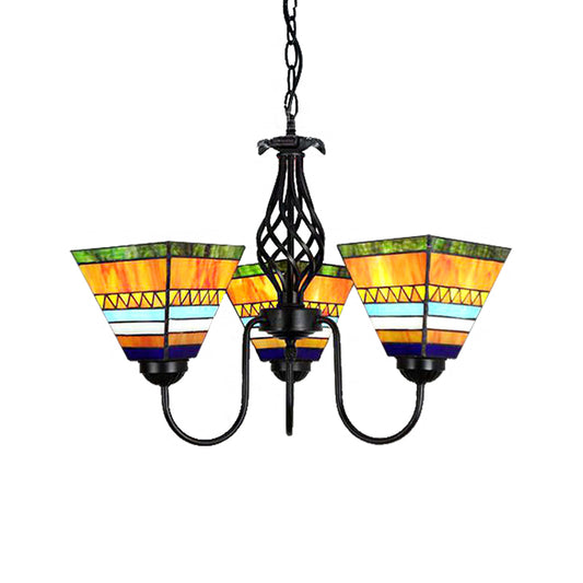 3 Lights Pyramid Hanging Light with Gooseneck Mission Stained Glass Ceiling Chandelier in Orange Clearhalo 'Ceiling Lights' 'Chandeliers' 'Industrial' 'Middle Century Chandeliers' 'Tiffany Chandeliers' 'Tiffany close to ceiling' 'Tiffany' Lighting' 175675