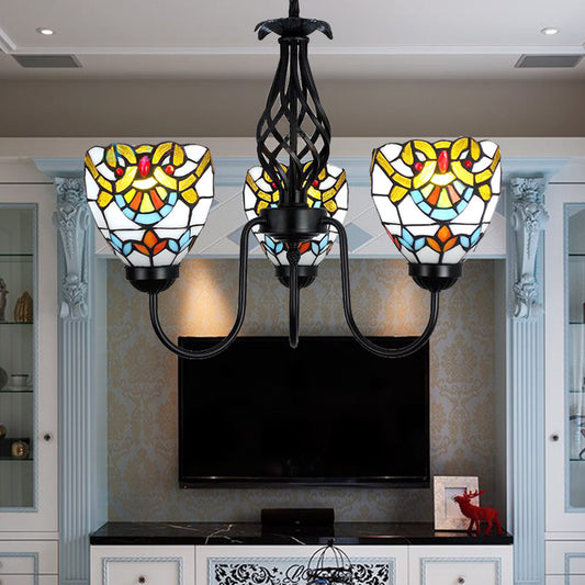 Baroque Bowl Pendant Lighting Stained Glass Ceiling Chandelier Light with Adjustable Chain in Black Finish Clearhalo 'Ceiling Lights' 'Chandeliers' 'Industrial' 'Middle Century Chandeliers' 'Tiffany Chandeliers' 'Tiffany close to ceiling' 'Tiffany' Lighting' 175678