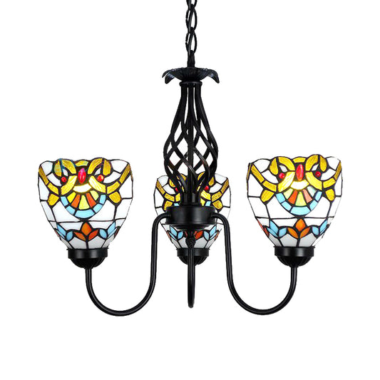 Baroque Bowl Pendant Lighting Stained Glass Ceiling Chandelier Light with Adjustable Chain in Black Finish Clearhalo 'Ceiling Lights' 'Chandeliers' 'Industrial' 'Middle Century Chandeliers' 'Tiffany Chandeliers' 'Tiffany close to ceiling' 'Tiffany' Lighting' 175679