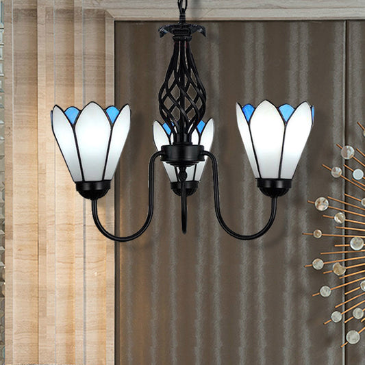 Floral Hanging Ceiling Light 3 Lights White Glass Traditional Chandelier with Curved Arm for Bedroom Clearhalo 'Ceiling Lights' 'Chandeliers' 'Industrial' 'Middle Century Chandeliers' 'Tiffany Chandeliers' 'Tiffany close to ceiling' 'Tiffany' Lighting' 175682