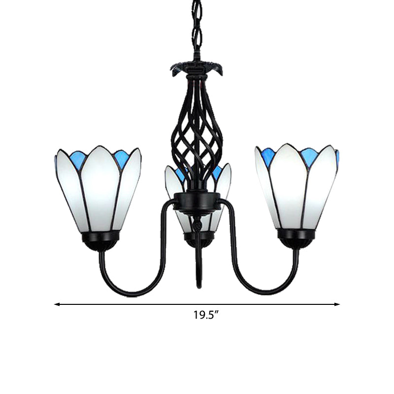 Floral Hanging Ceiling Light 3 Lights White Glass Traditional Chandelier with Curved Arm for Bedroom Clearhalo 'Ceiling Lights' 'Chandeliers' 'Industrial' 'Middle Century Chandeliers' 'Tiffany Chandeliers' 'Tiffany close to ceiling' 'Tiffany' Lighting' 175684