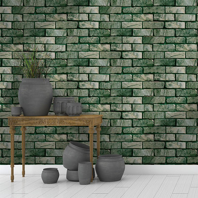 Green Brick Wallpaper Roll Pick Up Sticks Rustic Dining Room Wall Covering, Removable Green Clearhalo 'Country wall decor' 'Rustic' 'Wallpaper' Wall Decor' 1756841