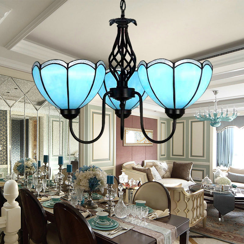 3 Lights Scalloped Chandelier Light Traditional Tiffany Blue Glass Pendant Light for Living Room Blue Clearhalo 'Ceiling Lights' 'Chandeliers' 'Industrial' 'Middle Century Chandeliers' 'Tiffany Chandeliers' 'Tiffany close to ceiling' 'Tiffany' Lighting' 175685