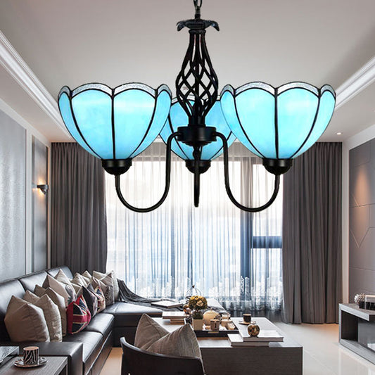 3 Lights Scalloped Chandelier Light Traditional Tiffany Blue Glass Pendant Light for Living Room Clearhalo 'Ceiling Lights' 'Chandeliers' 'Industrial' 'Middle Century Chandeliers' 'Tiffany Chandeliers' 'Tiffany close to ceiling' 'Tiffany' Lighting' 175686