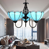 3 Lights Scalloped Chandelier Light Traditional Tiffany Blue Glass Pendant Light for Living Room Clearhalo 'Ceiling Lights' 'Chandeliers' 'Industrial' 'Middle Century Chandeliers' 'Tiffany Chandeliers' 'Tiffany close to ceiling' 'Tiffany' Lighting' 175686