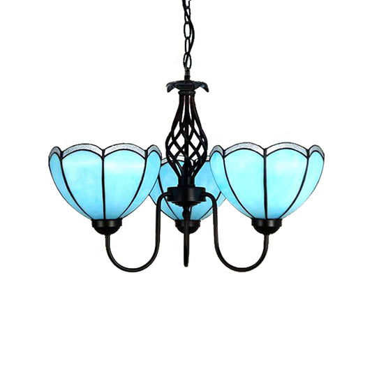 3 Lights Scalloped Chandelier Light Traditional Tiffany Blue Glass Pendant Light for Living Room Clearhalo 'Ceiling Lights' 'Chandeliers' 'Industrial' 'Middle Century Chandeliers' 'Tiffany Chandeliers' 'Tiffany close to ceiling' 'Tiffany' Lighting' 175687