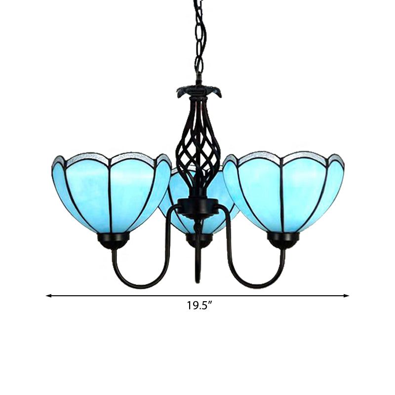 3 Lights Scalloped Chandelier Light Traditional Tiffany Blue Glass Pendant Light for Living Room Clearhalo 'Ceiling Lights' 'Chandeliers' 'Industrial' 'Middle Century Chandeliers' 'Tiffany Chandeliers' 'Tiffany close to ceiling' 'Tiffany' Lighting' 175688
