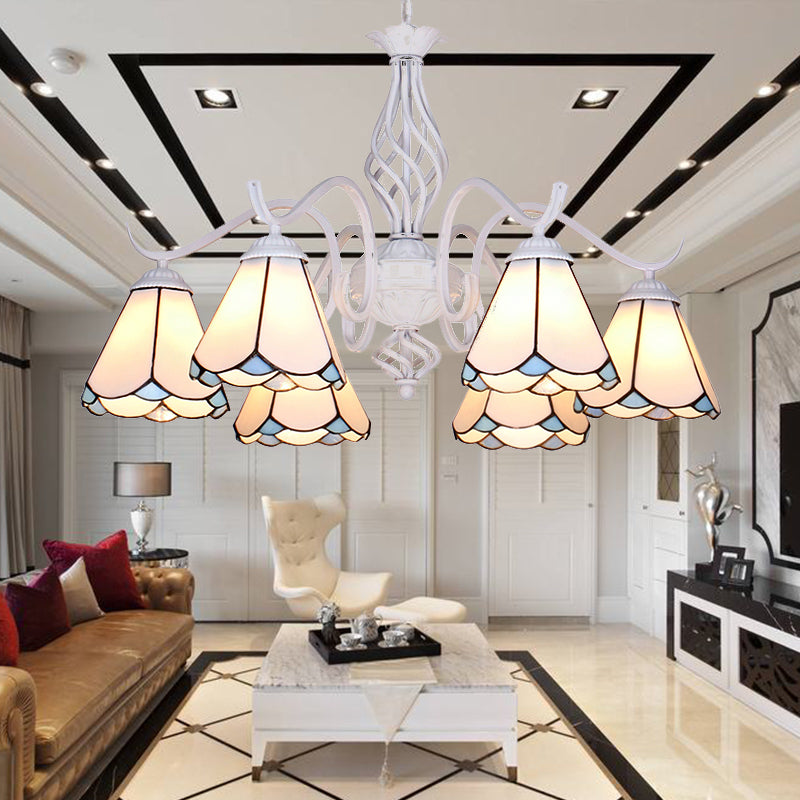 White Finish Cone Ceiling Chandelier Traditional Stained Glass Multi Light Pendant Light in Blue/White White Clearhalo 'Ceiling Lights' 'Chandeliers' 'Industrial' 'Middle Century Chandeliers' 'Tiffany Chandeliers' 'Tiffany close to ceiling' 'Tiffany' Lighting' 175689