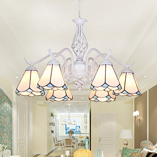 White Finish Cone Ceiling Chandelier Traditional Stained Glass Multi Light Pendant Light in Blue/White Clearhalo 'Ceiling Lights' 'Chandeliers' 'Industrial' 'Middle Century Chandeliers' 'Tiffany Chandeliers' 'Tiffany close to ceiling' 'Tiffany' Lighting' 175690