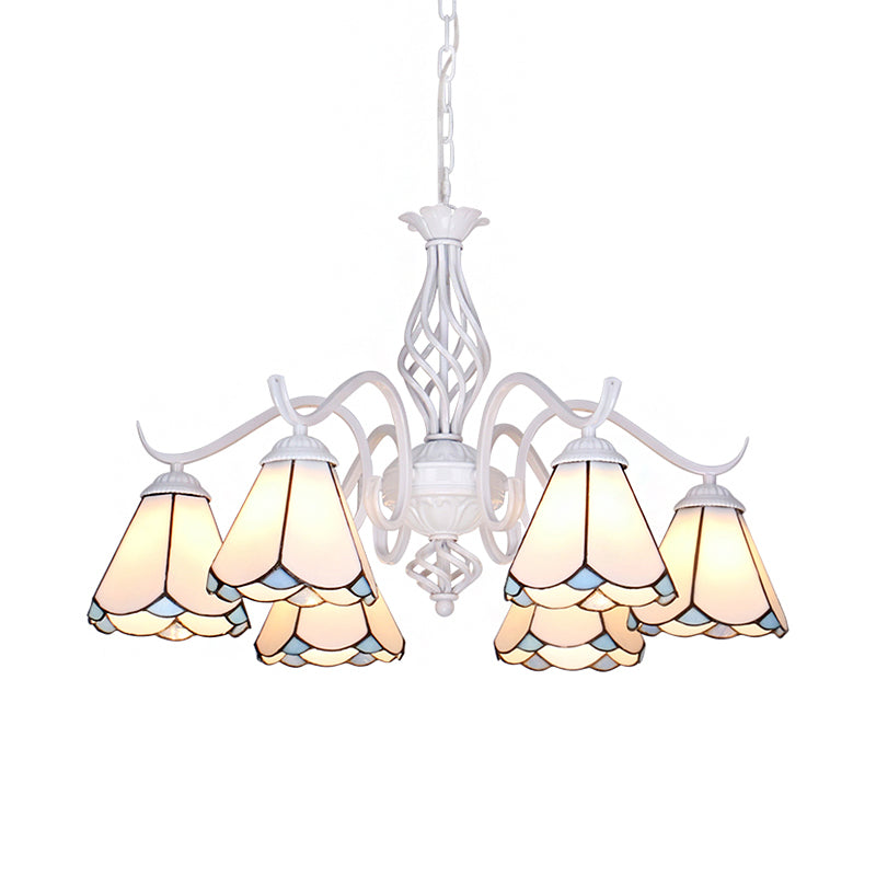 White Finish Cone Ceiling Chandelier Traditional Stained Glass Multi Light Pendant Light in Blue/White Clearhalo 'Ceiling Lights' 'Chandeliers' 'Industrial' 'Middle Century Chandeliers' 'Tiffany Chandeliers' 'Tiffany close to ceiling' 'Tiffany' Lighting' 175691
