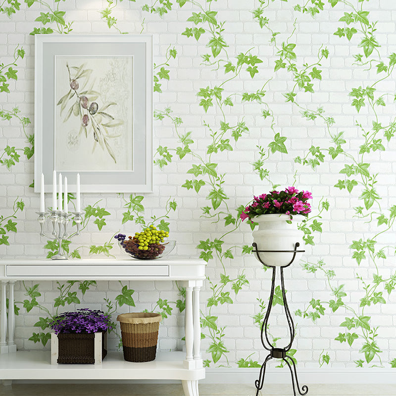 Creeper and Brickwork Wallpaper Roll Green and White Country Wall Decor for Bedroom White Clearhalo 'Country wall decor' 'Rustic' 'Wallpaper' Wall Decor' 1756935